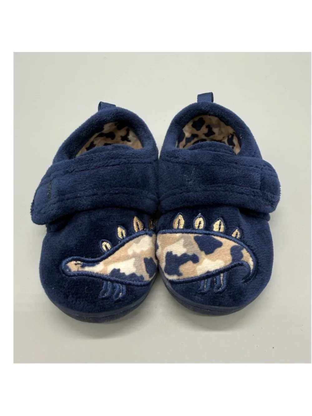 Wonder Nation Dinosaur Fleece Slippers Navy Hook & Loop Unisex Baby Size 4